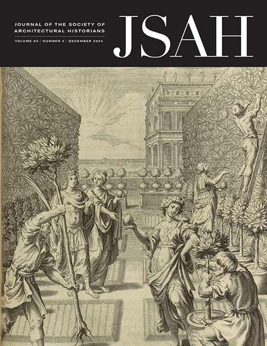 Cover of JSAH Vol 83 No 4 depicts a woodcut illustration of robed scholars and laborers in a formal garden with citrus trees.