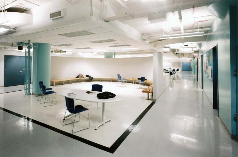 interior of school with workspace and hallway