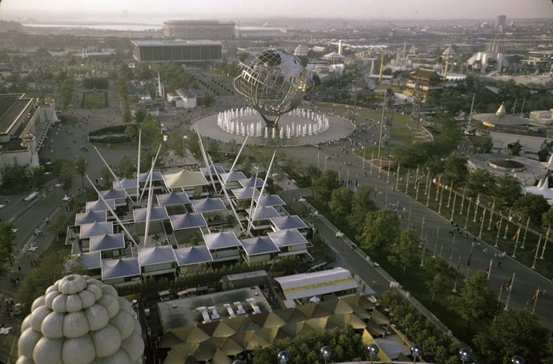  aerial view with the New Jersey pavilion, the Unisphere, and United States pavilion